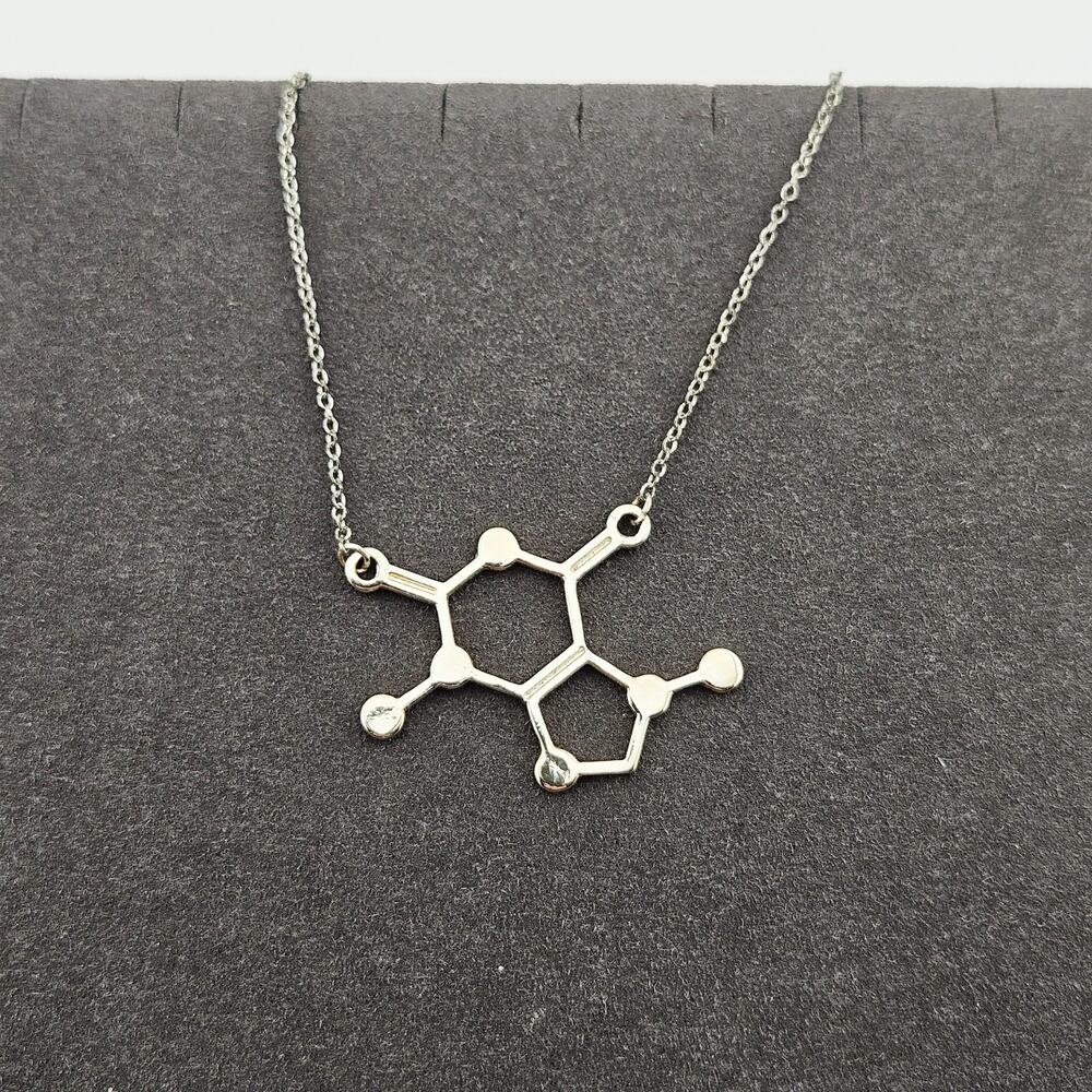 Caffeine Molecule Pendant Necklace Silver Tone Chain Chemist Scientist Lab Tech